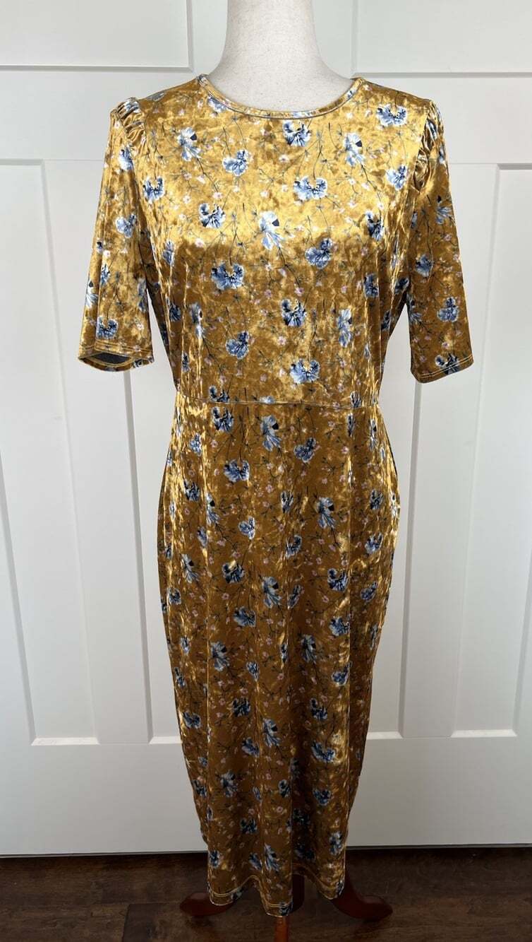 Atelier Velvet Midi Dress L Gold Floral Cottagecore Romantic Puff Sleeve Sheath